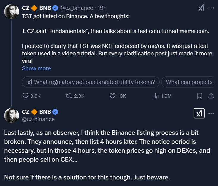 Binance CEO'su CZ, Token Listeleme Sürecini Eleştirdi