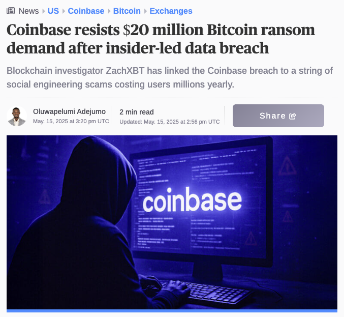 Coinbase, İçeriden Gelen Veri İhlali Sonrası 20 Milyon Bitcoin'lik Fişe Yönelik Talebi Reddetti