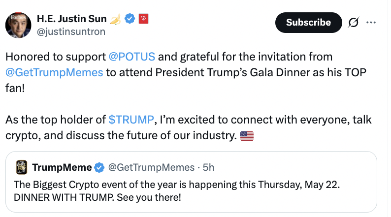 Tron Kurucusu Justin Sun, Trump'ın Gala Yemeğine Katılıyor