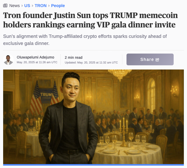 Tron Kurucusu Justin Sun, TRUMP Memecoin Sahibi Listesinde Zirvede