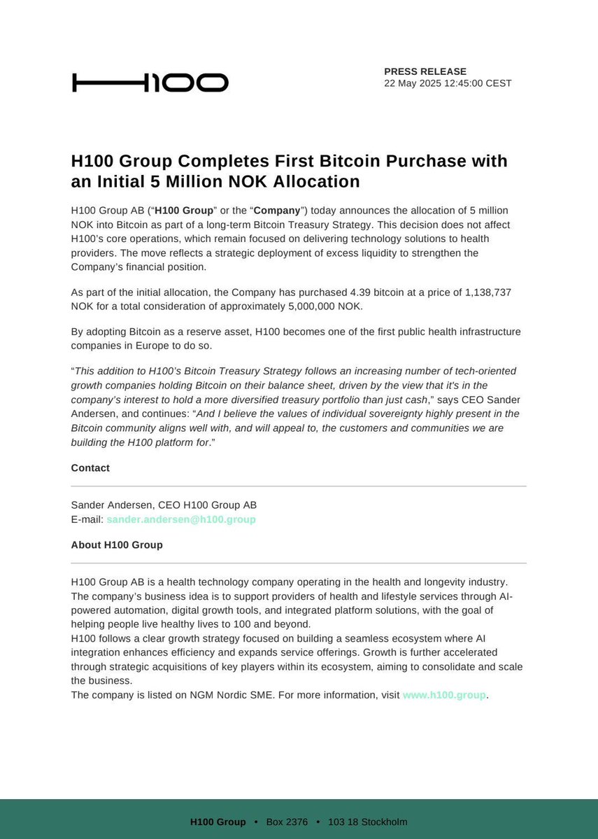 İsveçli H100 Group, 4.39 Bitcoin Alımıyla İlk Bitcoin Rezerv Şirketi Oldu