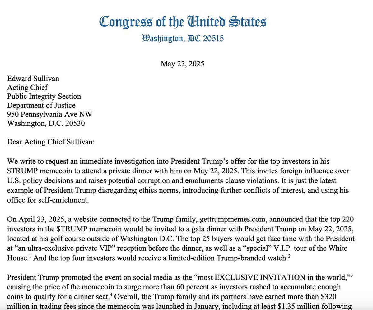 Trump'ın Memecoin Yemeği Yüzünden DOJ Soruşturması Talebi