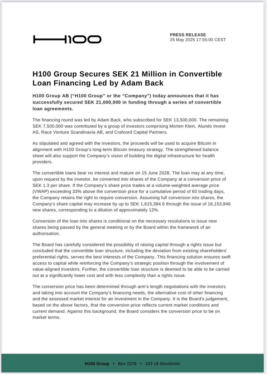 İsveçli Sağlık Firması H100 Group, Bitcoin Satın Alımları İçin 2.2 Milyon Dolar Finansman Sağladı